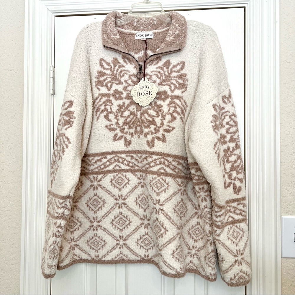 NWT Knox Rose Cream/Taupe Sherpa Fleece Quarter Zip Collared Pullover Size 2XL